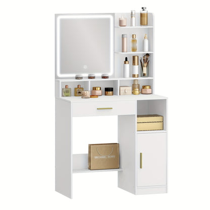 Sieradentafel – Kaptafel – Make-up Tafel – Vanity Table – Dressing Table – Verstelbare LED-Verlichting – Grote Opbergruimte – Wit Met Gouden Accenten