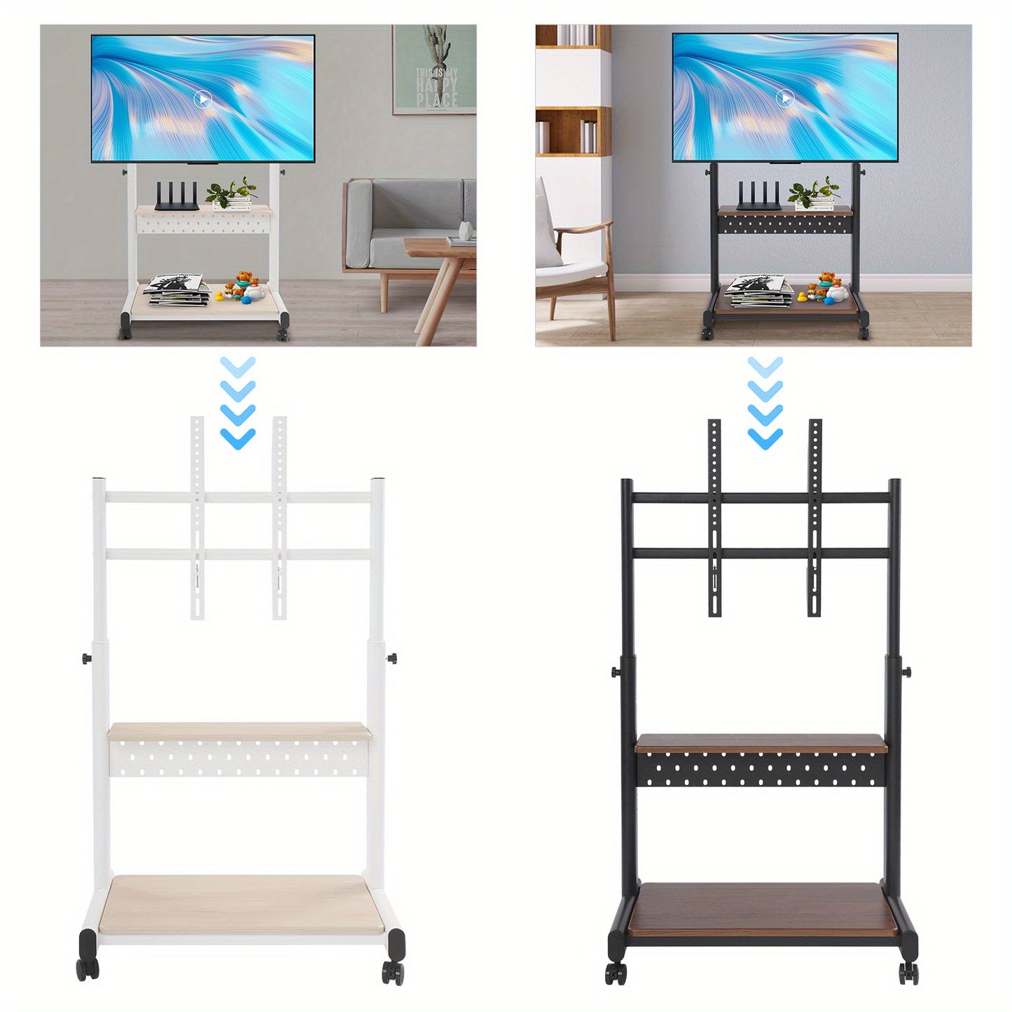 Verstelbare TV-standaard – TV-meubel – TV-console – TV-wagen – TV-trolley – Wit met houtaccent – Verstelbare hoogte 108,5-128,5 cm – Draagkracht tot 100 kg