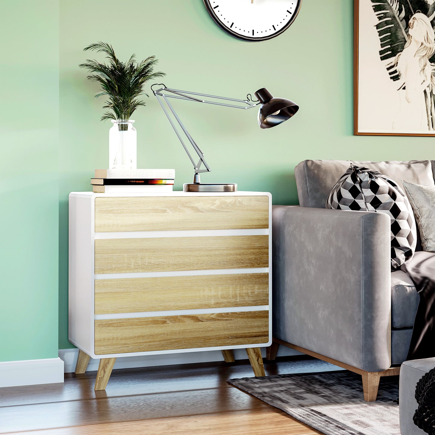 Opbergkast – Ladekast – Opbergrek – Kast – Möbel – Scandinavisch Design – 4 Lade – MDF Houtlook – 80x40x79,5 cm – Wit
