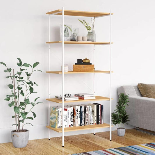 Opbergrek 5-Tier White and Oak Storage Rack, 80x40x163cm - Freestanding, Layered Shelving for Home and Commercial Use, Sturdy Wooden Construction, Ideal for Books, Plants, Decor, Standing Shelf