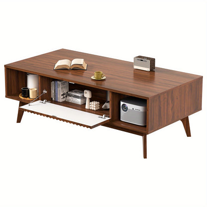 Salontafel – Woonkamertafel – Koffietafel – Tafel met Opbergruimte – Mid-Century Tafel – Notenhout Design – 2 Lades & 2 Open Vakken – Stevig MDF Metalen Poten