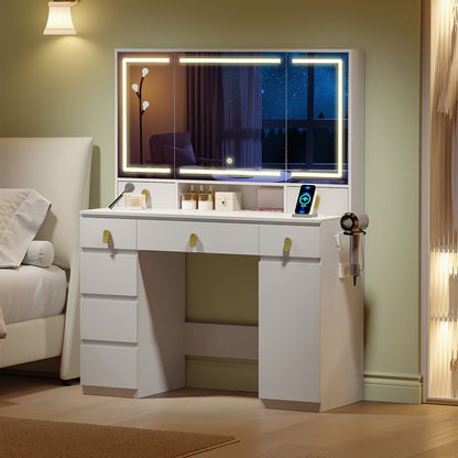 Make-uptafel – Kaptafel – Schminktisch – Make-up Bureau – Wit – LED Verlichting Met Driedelige Spiegel – 8 Laden & Opbergruimte