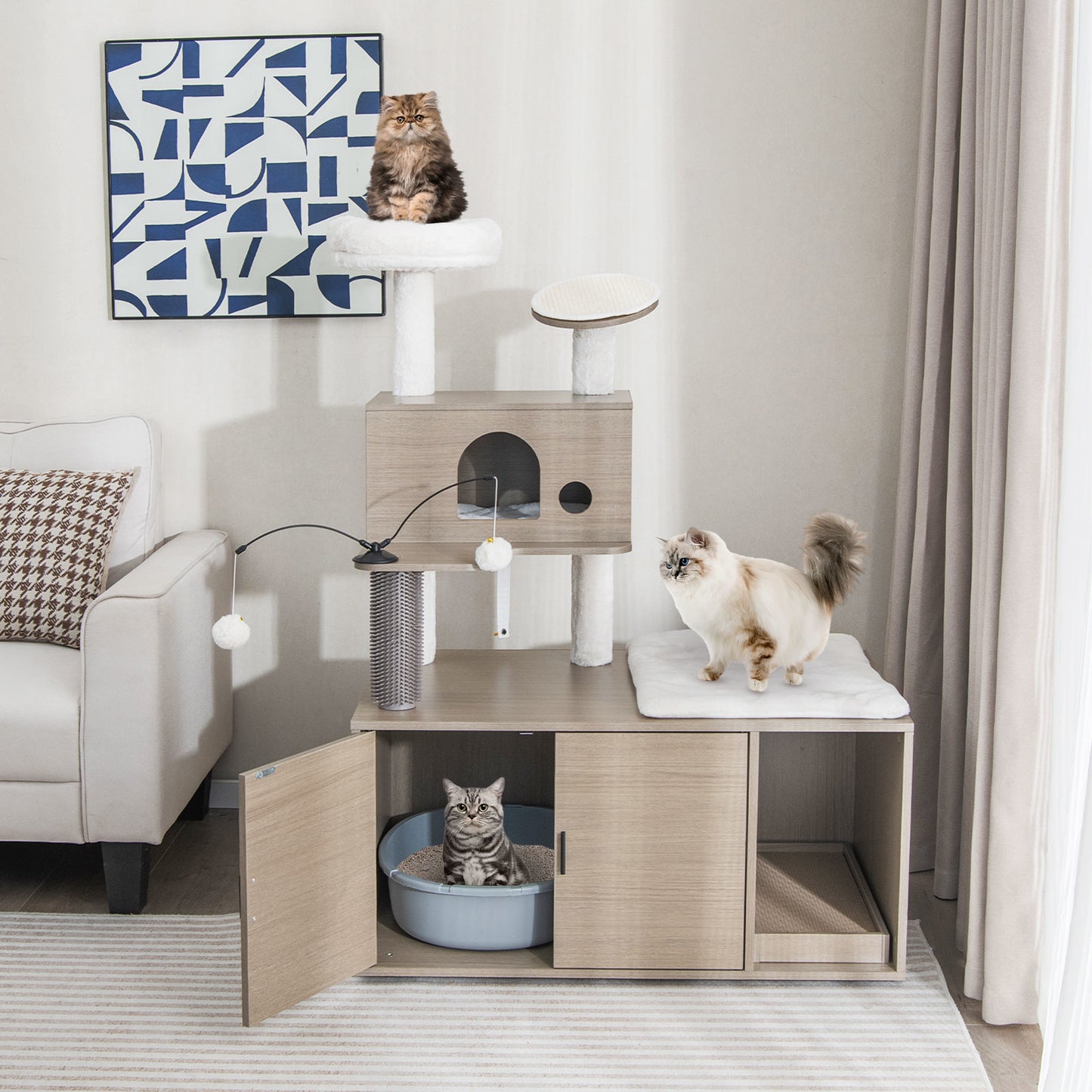 Kattenmeubel – Krabmeubel – Kattenbakkast – Kattenhuis – Kattenkrabpaal – Met Verborgen Kattenbak – Met Speelplezier en Pluche Zitplek – Grijs – Duurzaam MDF en Sisal