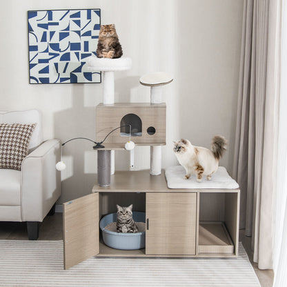 Kattenmeubel – Krabmeubel – Kattenbakkast – Kattenhuis – Kattenkrabpaal – Met Verborgen Kattenbak – Met Speelplezier en Pluche Zitplek – Grijs – Duurzaam MDF en Sisal