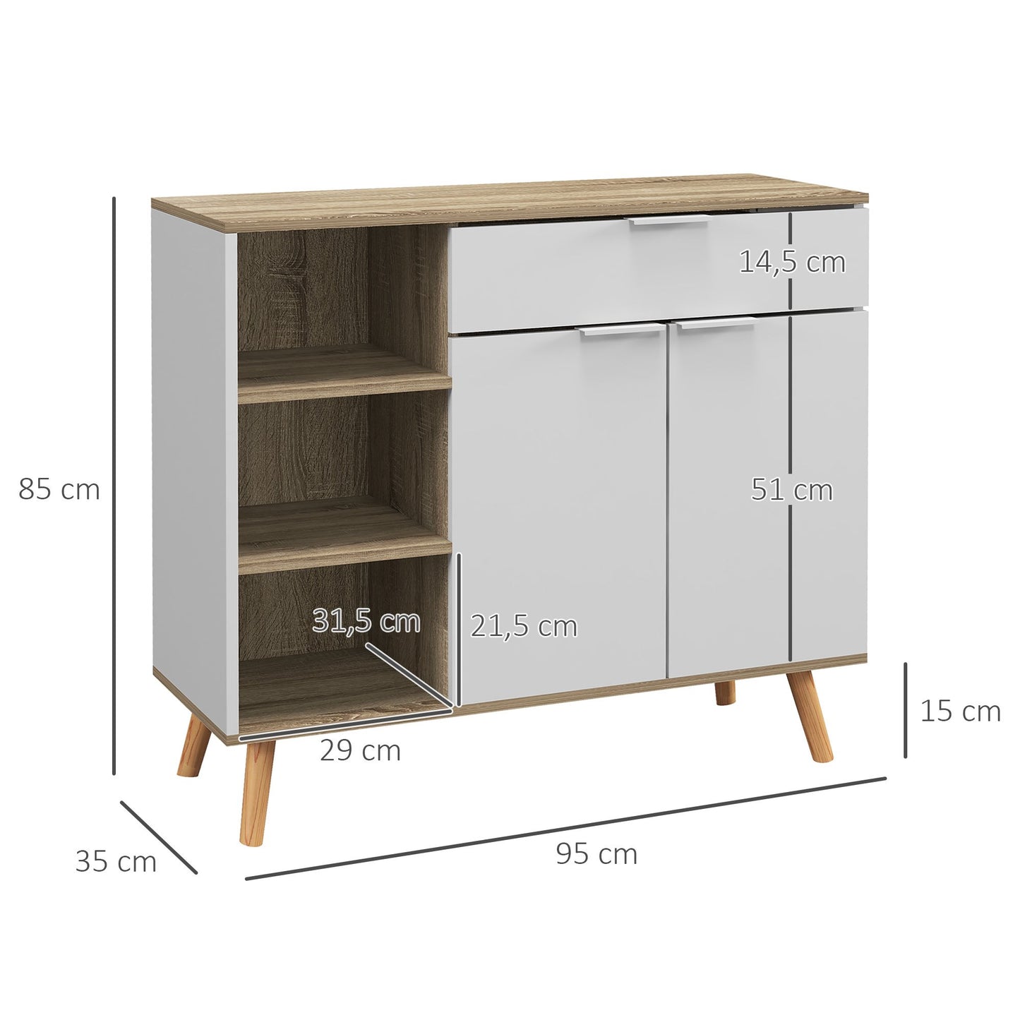 Dressoirkast – Opbergkast – Sideboard – Buffetkast – Servieskast – Wit Met Houten Poten – Verstelbare Planken & Lade – 95x35x85 Cm – Stabiel & Modern Scandinavisch Design