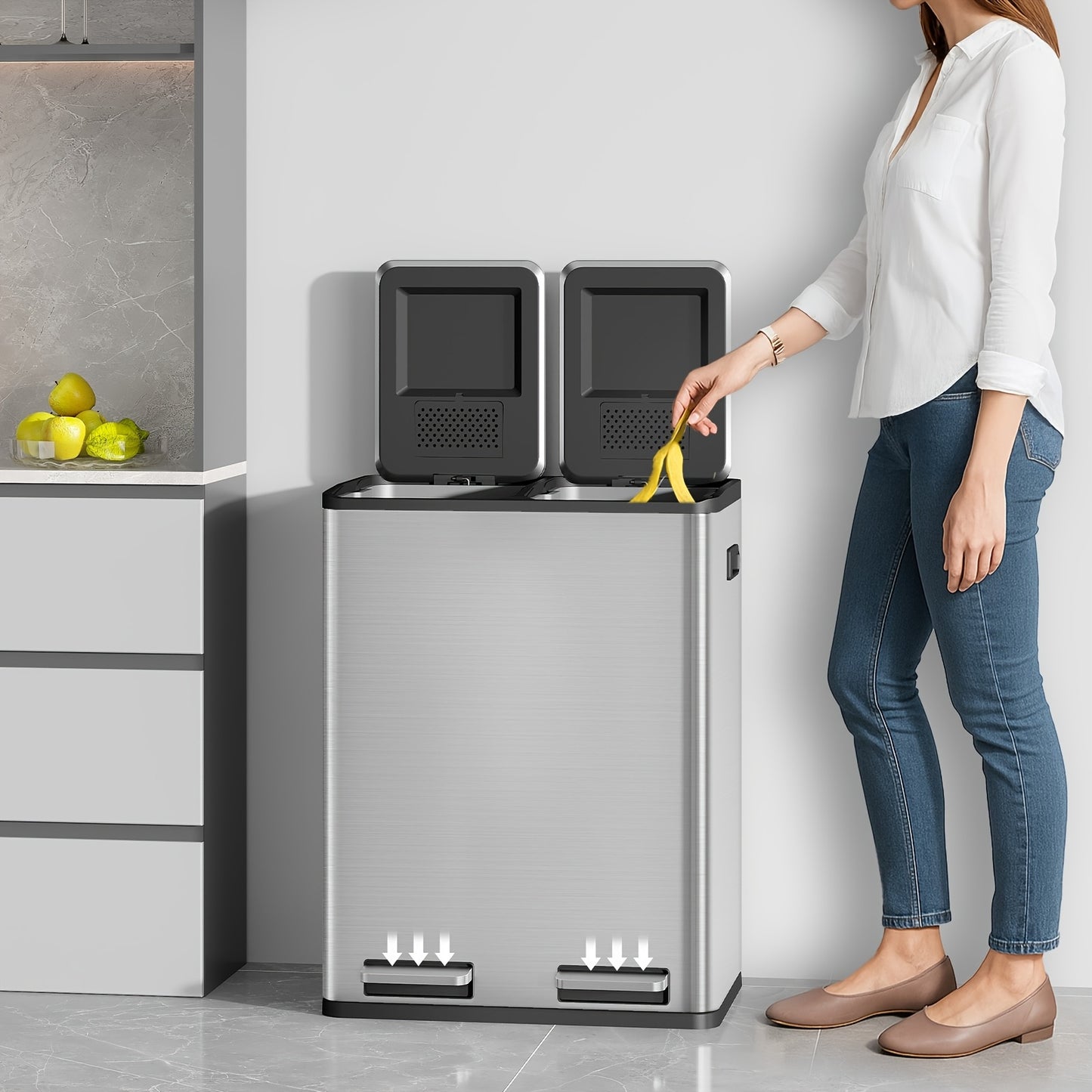 Prullenbak Keuken – Afvalbak – Afvalscheidingsprullenbak – Pedaalemmer – Vuilnisbak – RVS 60 Liter – Slow-close Deksel Met 2 Vak