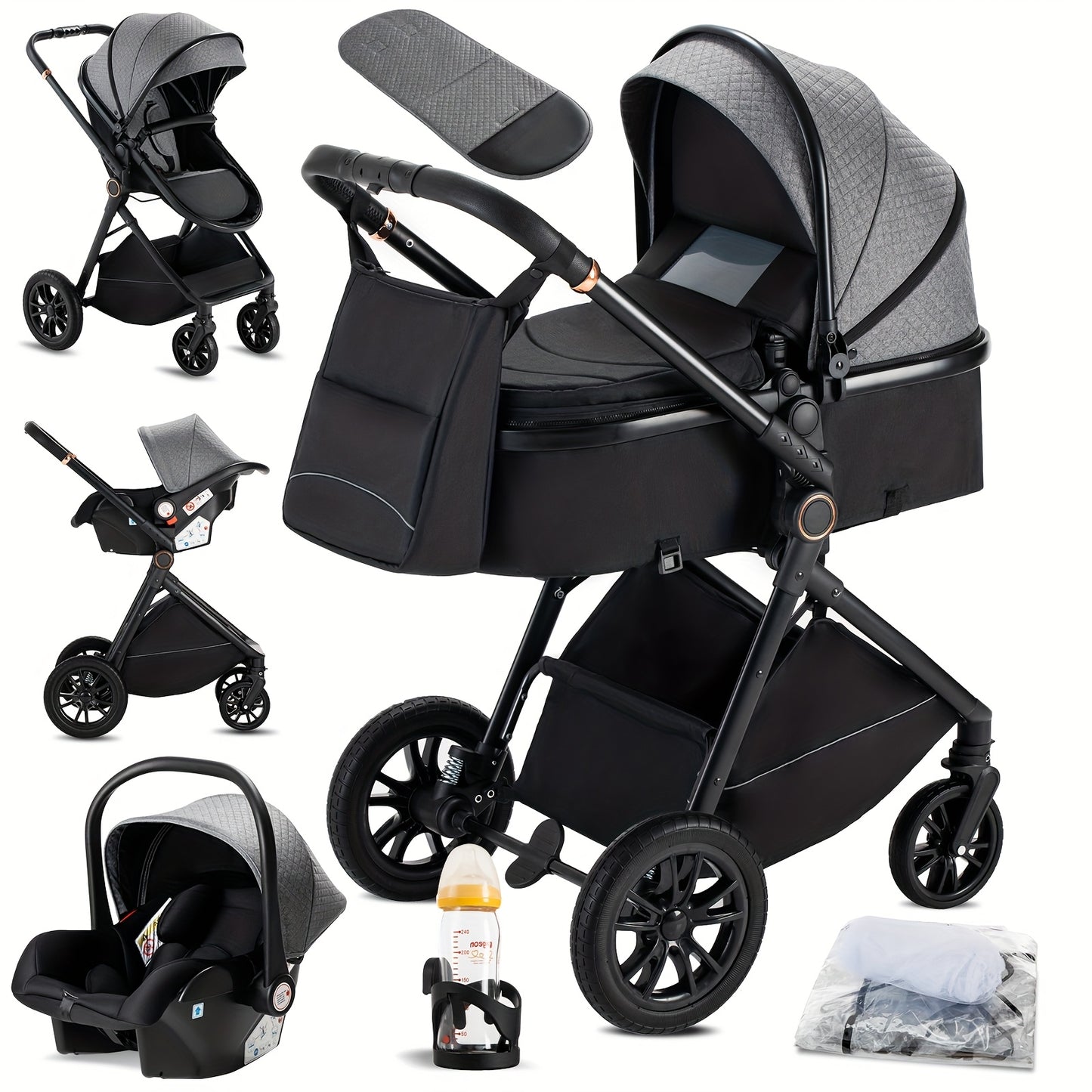 3-in-1 Kinderwagen – Buggy – Combi Stroller – Baby Bed – Wandelwagen – Aluminium Frame – Eén-Klik Inklapbaar – Geschikt Voor Pasgeborenen – Zwart