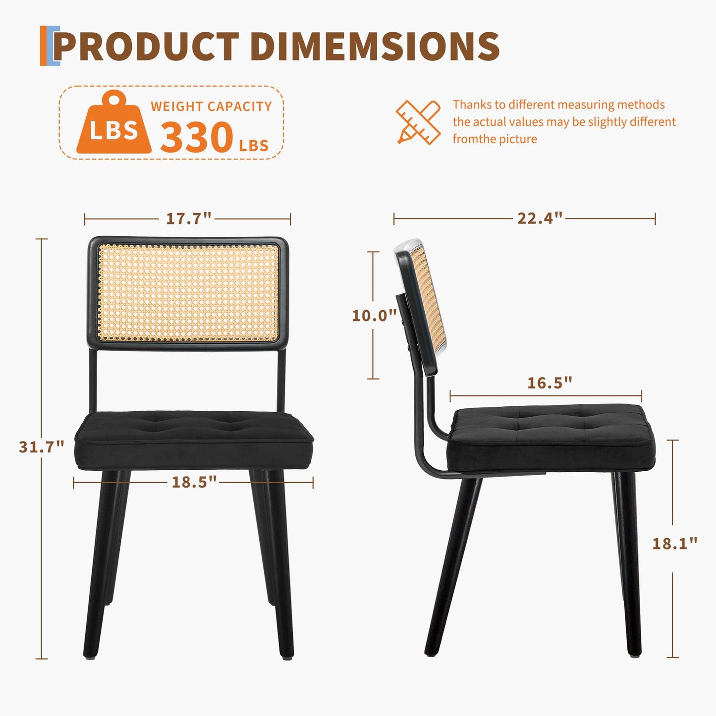 Eetkamerstoelen – Stoelen – Dining Chairs – Zetels – Zitmeubels – Set van 2 Zwarte Mid-Century Modern Boho Stoelen – Houten Frame Met Natuurlijke Rattan Rugleuning – Comfortabele Gestoffeerde Katoenzitting