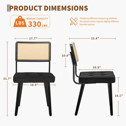 Eetkamerstoelen – Stoelen – Dining Chairs – Zetels – Zitmeubels – Set van 2 Zwarte Mid-Century Modern Boho Stoelen – Houten Frame Met Natuurlijke Rattan Rugleuning – Comfortabele Gestoffeerde Katoenzitting