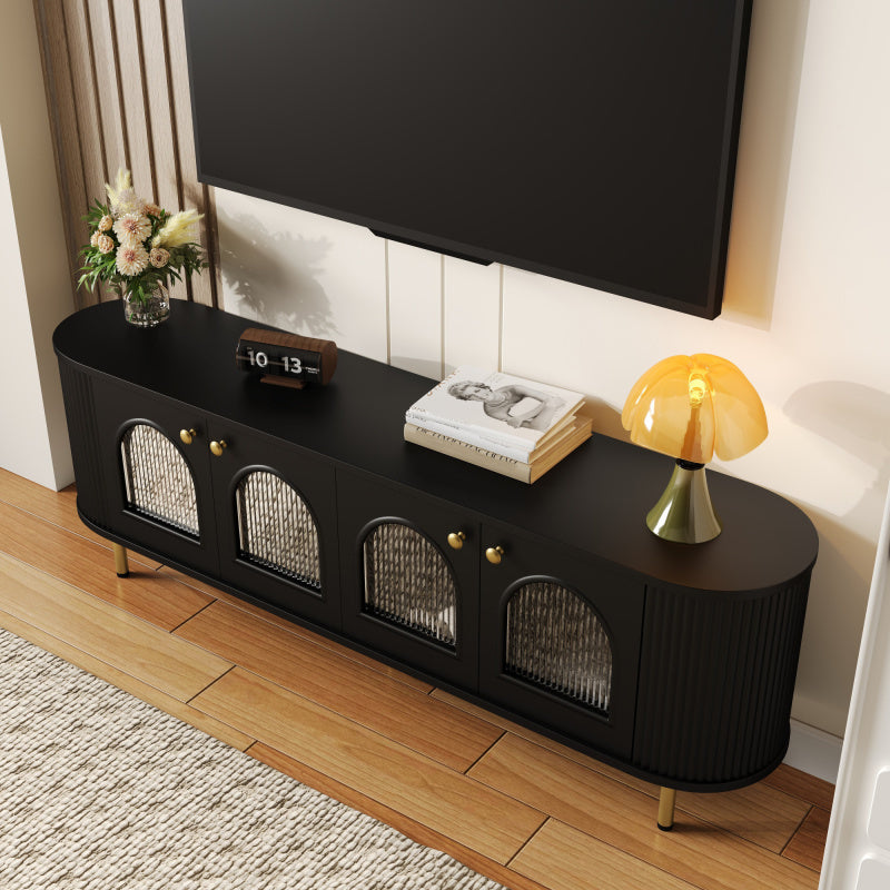 Tv-meubel – Lowboard – TV-kast – Media meubel – TV-dressoir – Zwart MDF met glazen deuren – Gouden handgrepen en poten – Ruime opbergruimte – Afgeronde hoeken