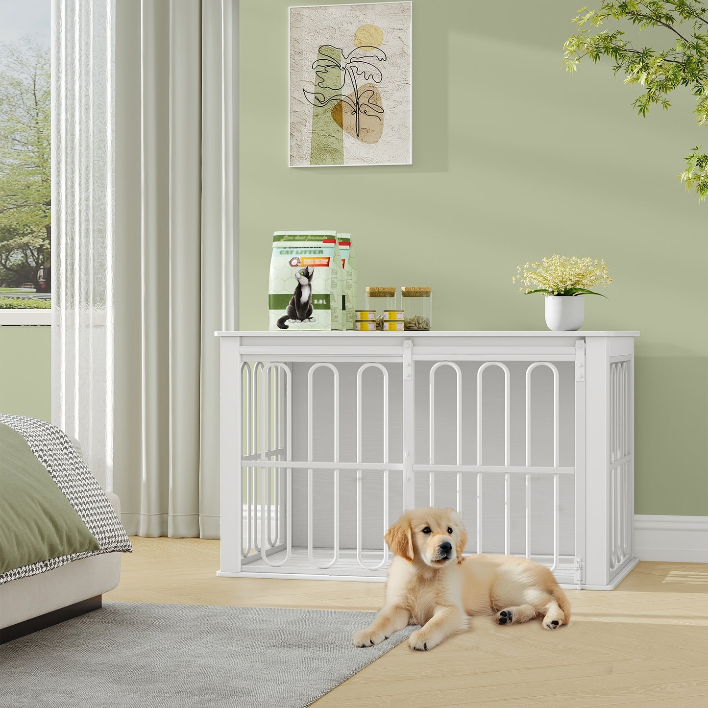 Hondenkooi – Hondenbench – Hondenhok – Dierenbench – Hondenren – Houten Hondenbench Met 3 Deuren En Schuifdeur – Geschikt Voor Kleine Tot Grote Honden – Ingebouwde Zijtafel – Wit/Bruin – 101x60,5x70 cm