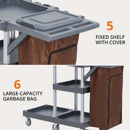 Commercial Heavy-Duty Janitorial Cleaning Cart with 3-Tier Shelves, 136.08 KG Capacity, Wheeled with Zippered Storage Compartment & Lid