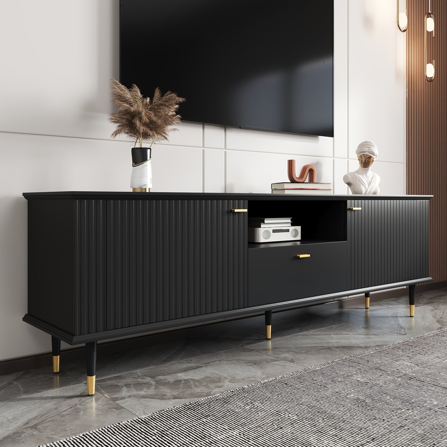 tv-meubel – tv-standaard – tv-kast – entertainmentmeubel – dressoir – Zwarte Uitvoering – Soft-Close Deuren – Gouden Accent Poten