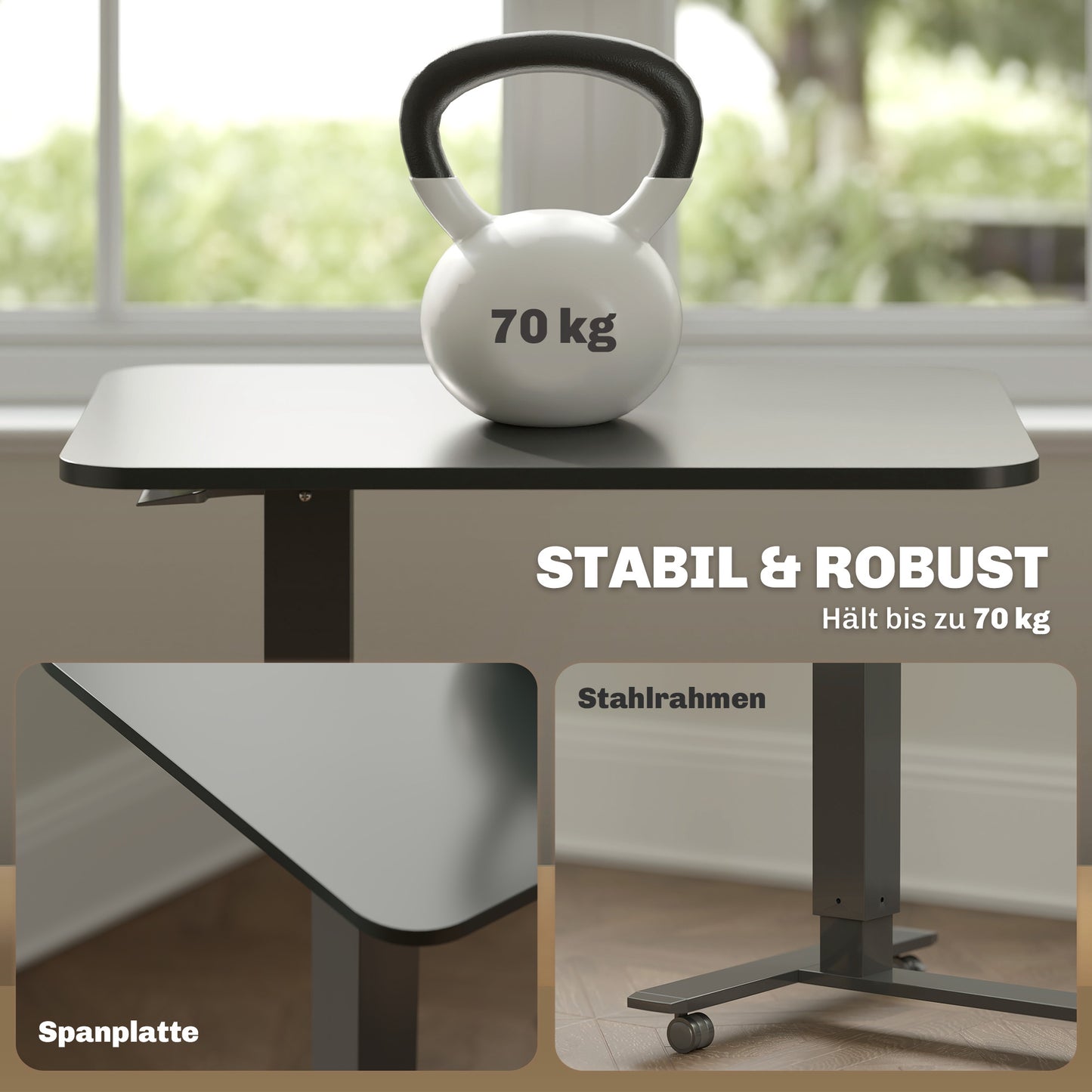 Zitsta bureau – Zit-stand bureau – Sta bureau – Verstelbaar bureau – Elektrisch bureau – C-vormig design – Handmatig verstelbaar 70-110 cm – Met wieltjes en rem