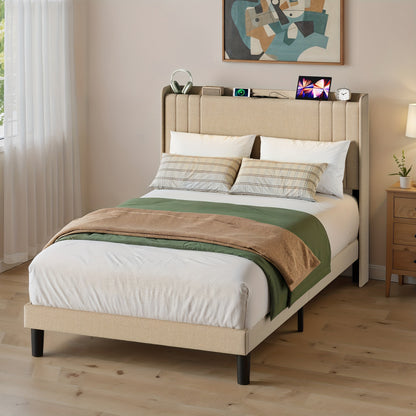 Tweepersoonsbed – Bedframe – Slaapbank – Opbergbed – Hoogslaper – 120x200 cm – Stijlvol Beige – Met Opbergruimte Hoofdbord – Stevig Hout-Metaal Frame