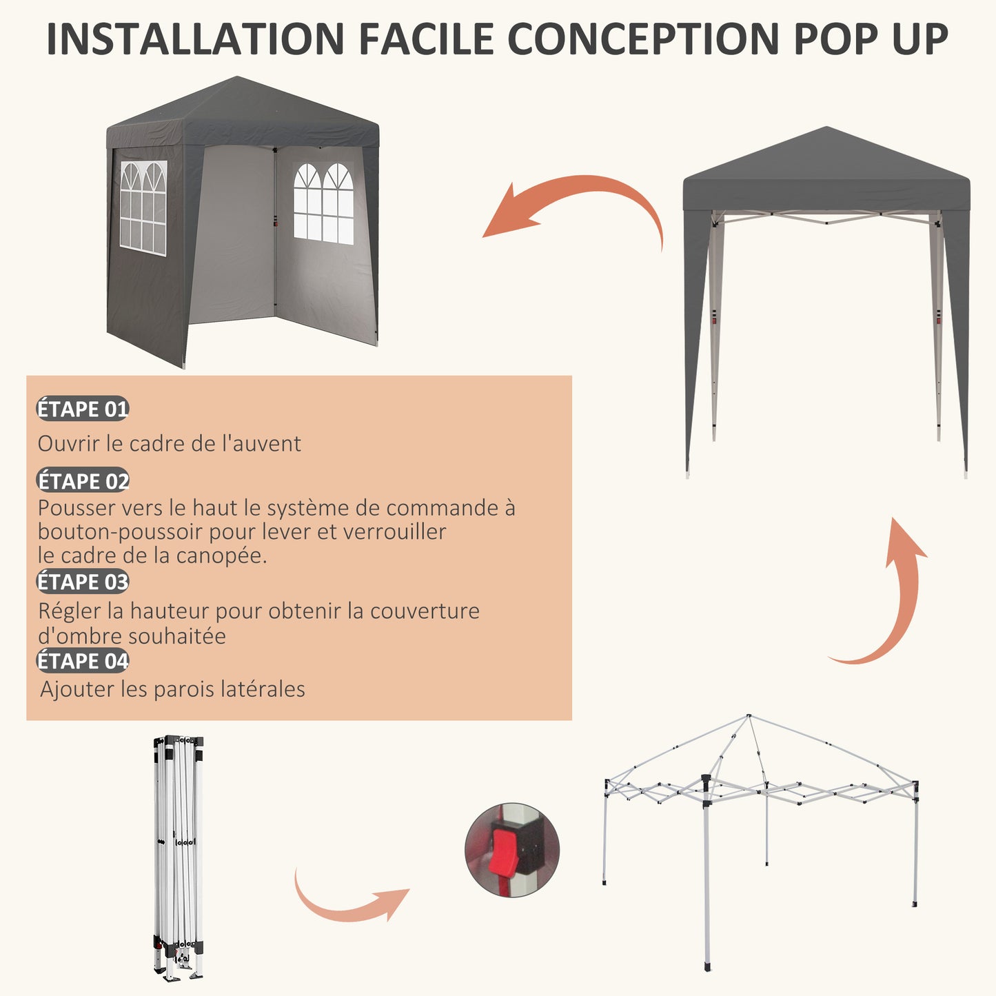 Vouwbare Tuinkamer – Partytent – Klaptent – Paviljoen – Zonnetent – 2x2 Meter – UV30+ Bescherming – Verstelbare Hoogte – Grijs