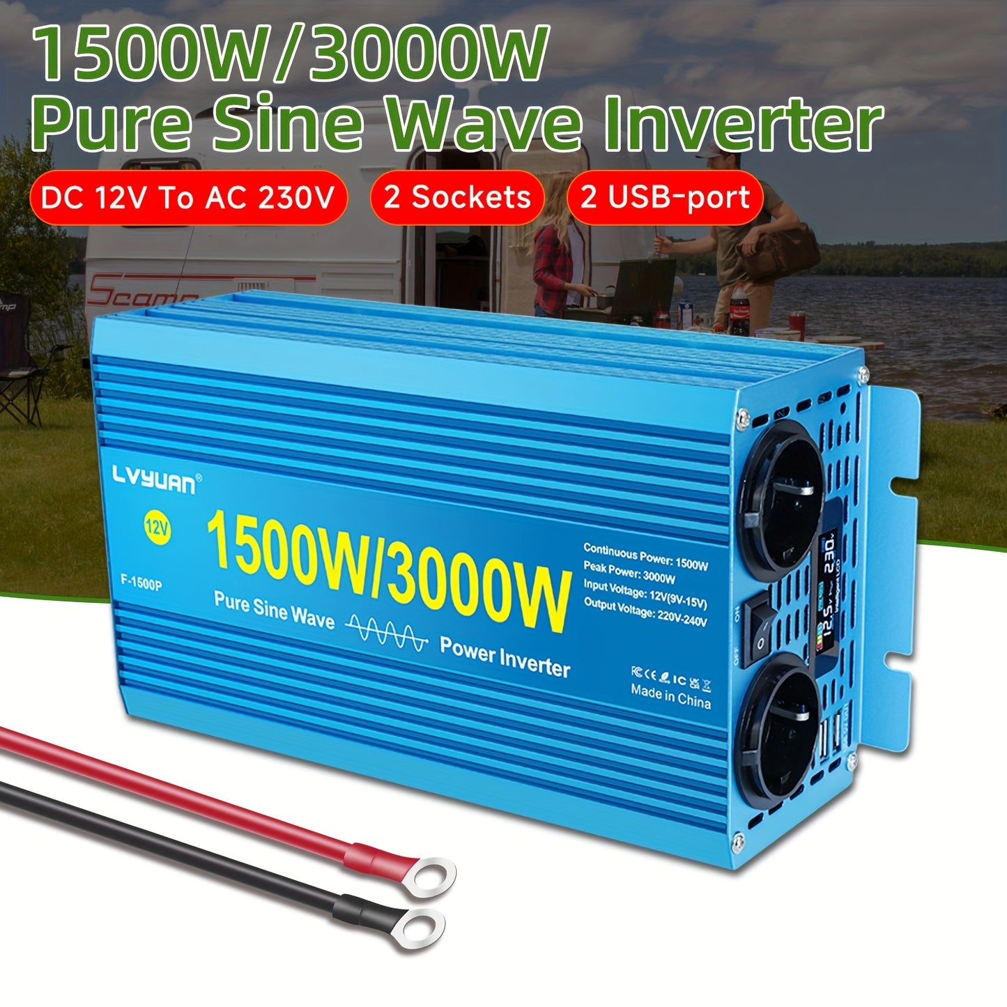 Omvormer 12V Naar 230V – DC Naar AC Converter – Power Inverter – Zuivere Sinus Omvormer – 1500W / 3000W Pieklast – LCD & LED Display – Aluminium Behuizing