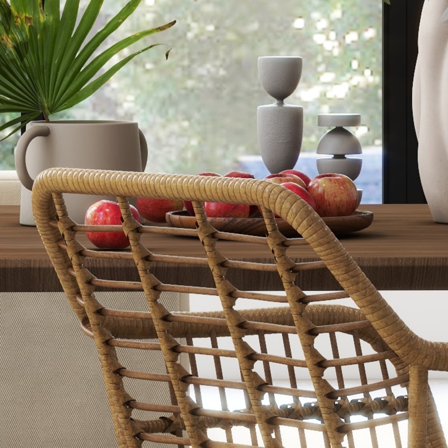Eetkamerstoel – Keukenstoel – Stoel – Kuipstoel – Rattan Look – Set van 2 – Met Rugleuning – Metaal Frame – Lichtbruin/Wit – 56x60x79 cm