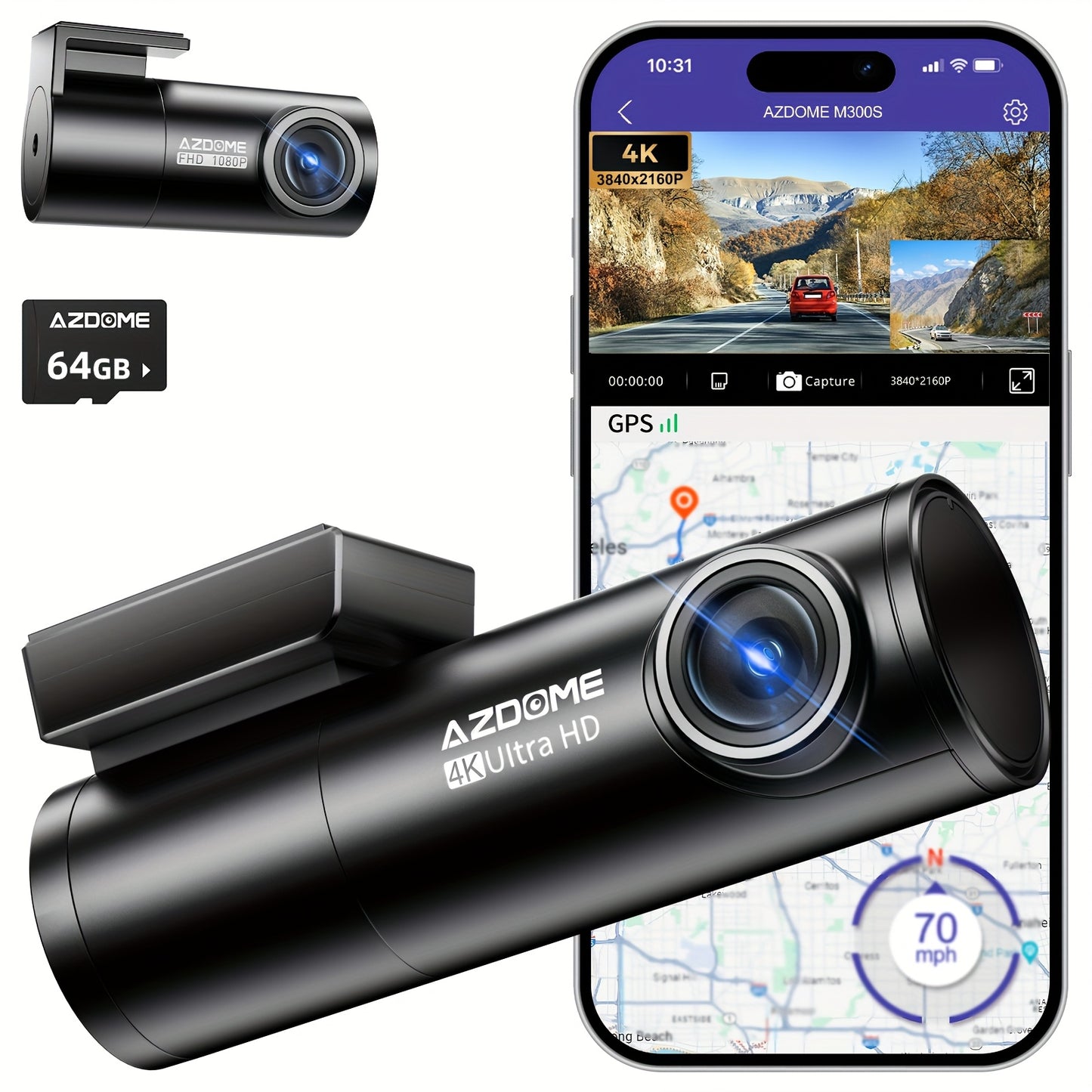 4K Dashcam – Autoschermcamera – Rijcamera – Frontcamera – Achtercamera – 170° Breedzicht – 5G WiFi Met GPS & Spraakbesturing – Inclusief 64GB Kaart
