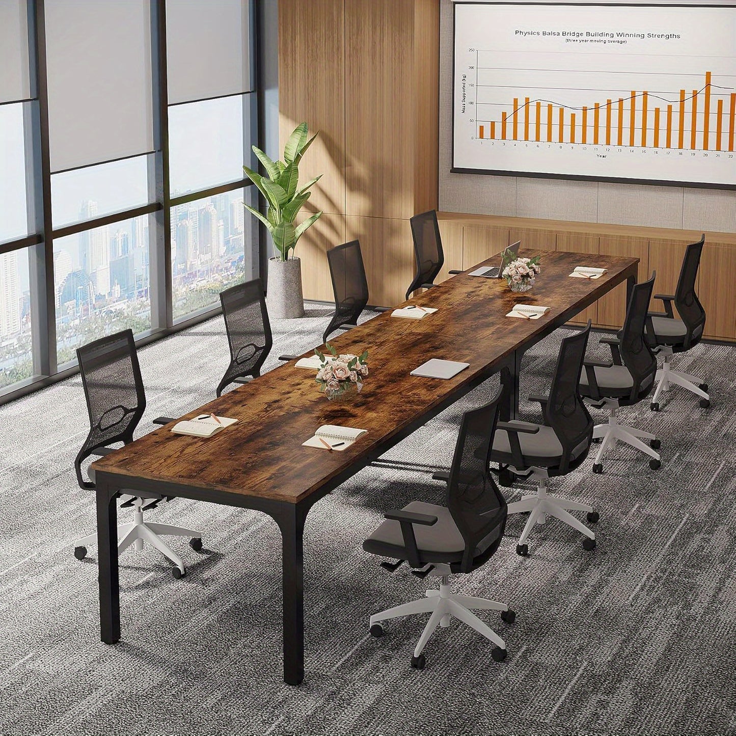 Vergadertafel – Bureautafel – Kantoortafel – Seminarietafel – Werktafel – Rustiek Bruin – 200x70 cm Groot Tafelblad – Stevige Metalen Poot
