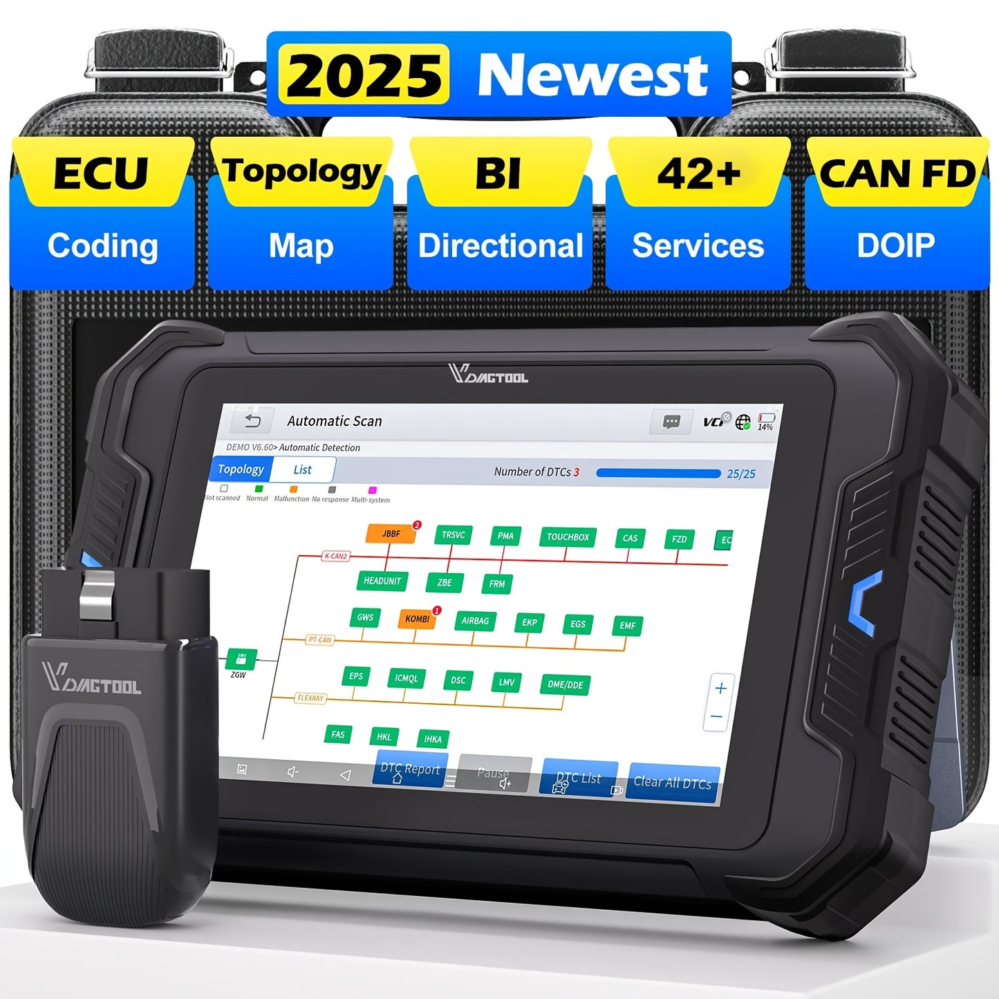 VDIAGTOOL VD80BT Wireless Car Diagnostic Tools, Bidirectional Scan Scanner WIFI Scanner with Topology, Automotive Scanner Coding ECU Online Coding CAN FD DOIP FCA, with 38+ special diagnostic services, Car Diagnostic Scanner,