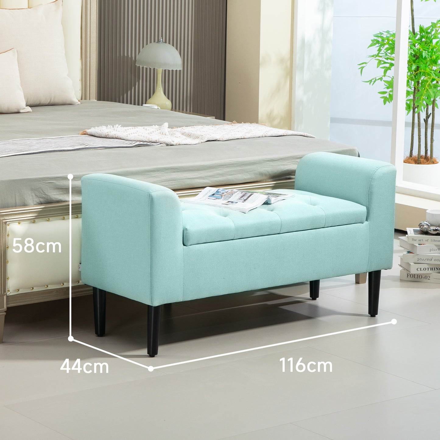 Opbergbank – Opbergbankje – Zitbank Met Opbergruimte – Halbank – Opbergkist – Rubbenhout Frame – Linnen Look Bekleding – 116x44x58 cm – Draagvermogen 130 kg
