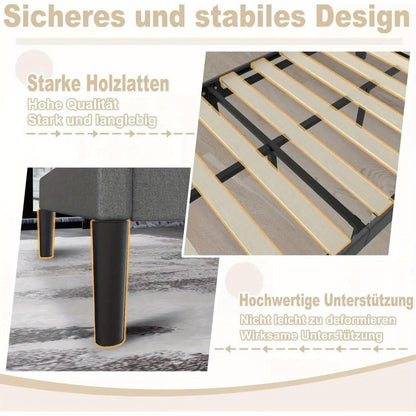 Bedframe – Bed – Eenpersoonsbed – Tweepersoonsbed – Slaapbank – Lichtgrijs Linnen Bekleding – Gepolsterd Hoofdeinde – Robuuste Houten Constructie 160x200 cm