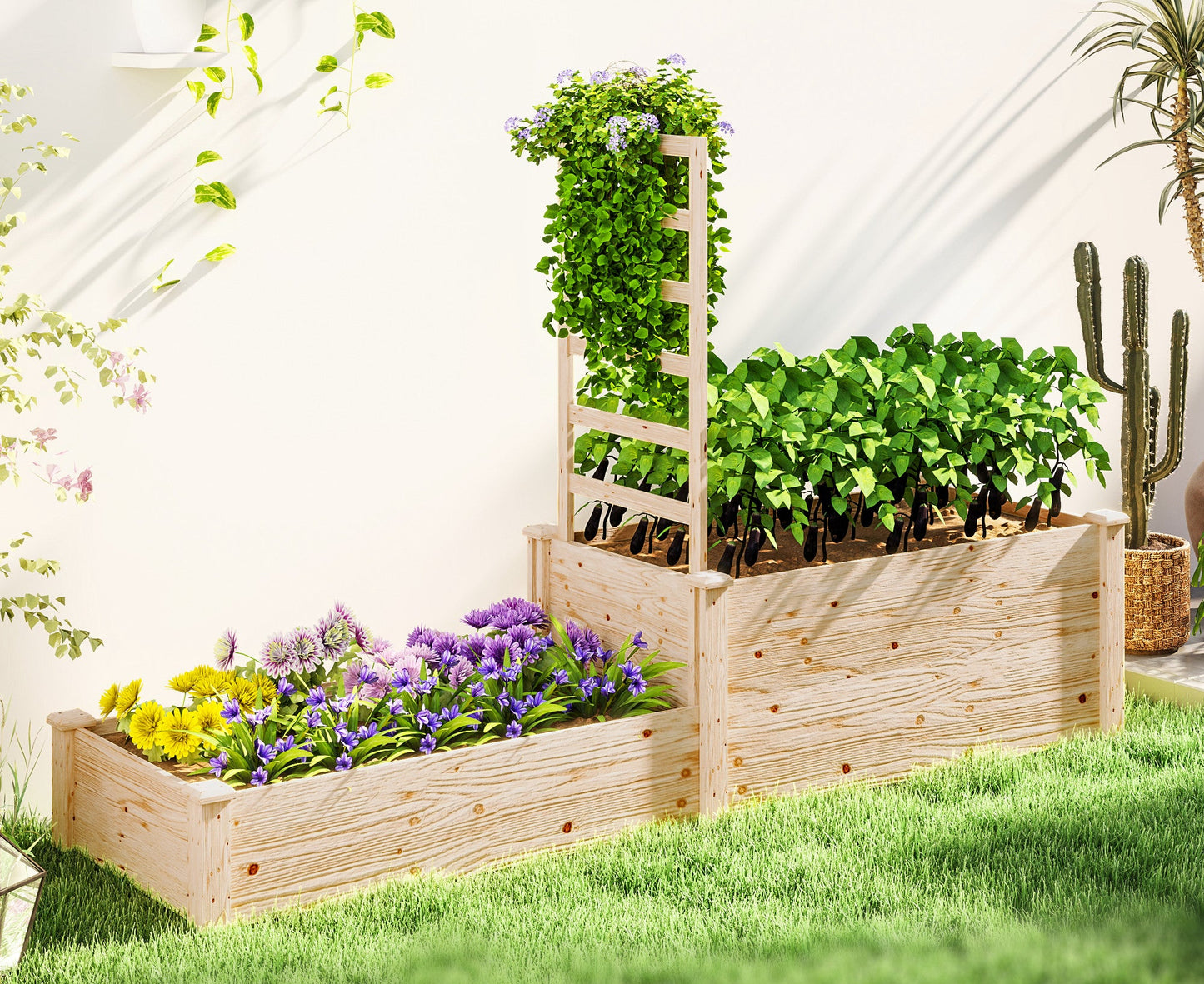 Tuinbak – Plantenbak – Bloembak – Plantenbak Hout – Verhoogde Plantenbak – Natuurlijk Hout – Met Trellis – 222 x 63 x 132 cm – Open Bodem voor Optimale Drainage