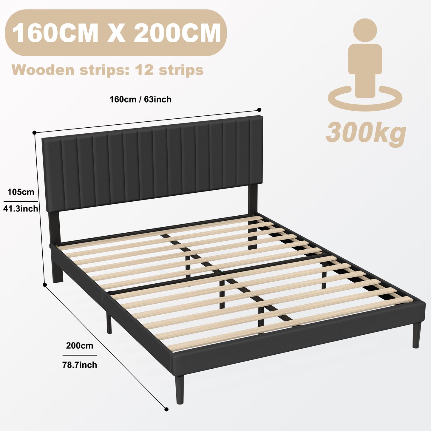 Gestoffeerd Bedframe – Gestoffeerd Bed – Bedframe Met Hoofdbord – Lattenbodem Bed – Stalen Bedframe – Zwart – Draagkracht 300 kg – 16,5 cm Hoog