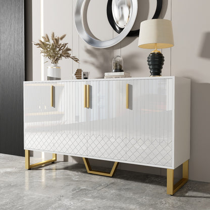 Modern White Geometric Storage Cabinet with 4 Doors - Freestanding Organizer, Easy Assembly, Spacious Interior for Living Room, Dining Room, Entryway - Sturdy Metal Construction, Space-Saving Design (140x40x80cm/55x16x31.5in)