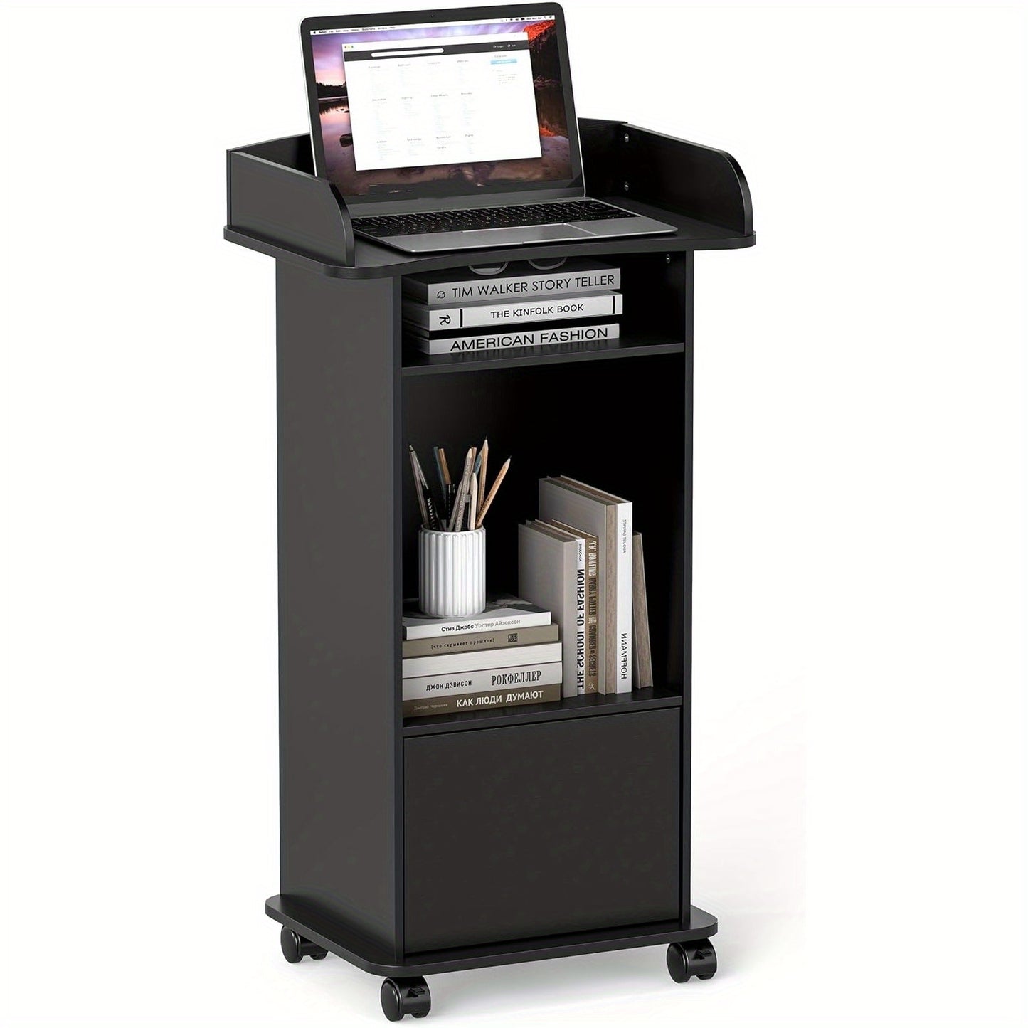 Step Podium Stand with Drawer Mobile Speaker Stand with Wheels Wooden Podium Black Lecterns with Storage Rack