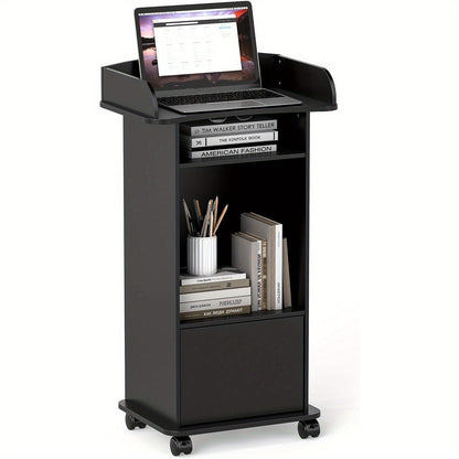 Step Podium Stand with Drawer Mobile Speaker Stand with Wheels Wooden Podium Black Lecterns with Storage Rack