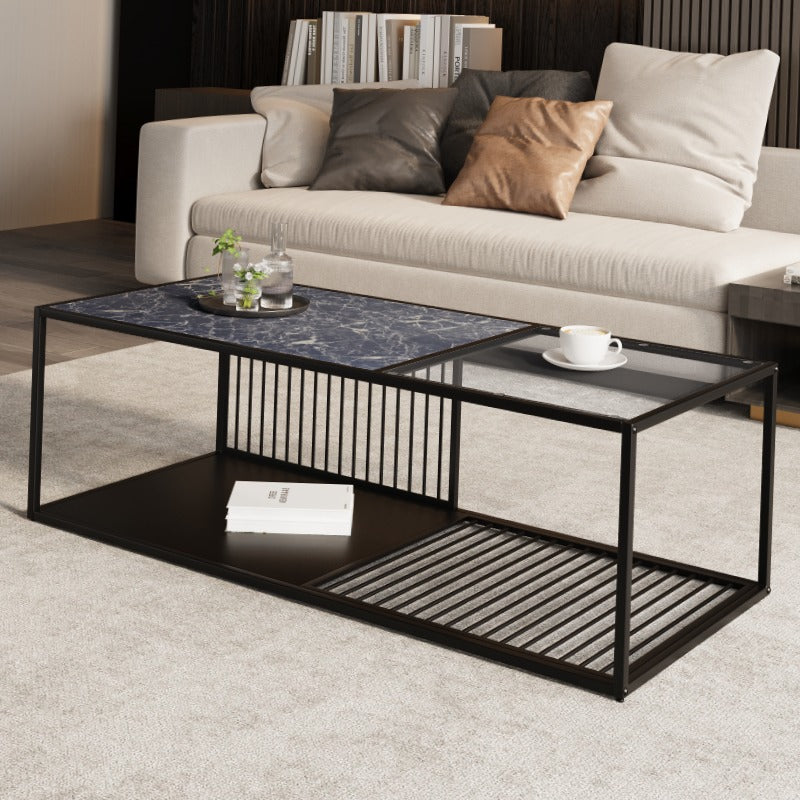 Salontafel – Koffietafel – Bijzettafel – Woonkamertafel – Tafel – Zwart – Metaal en Glas – Robuust Met Extra Opbergruimte