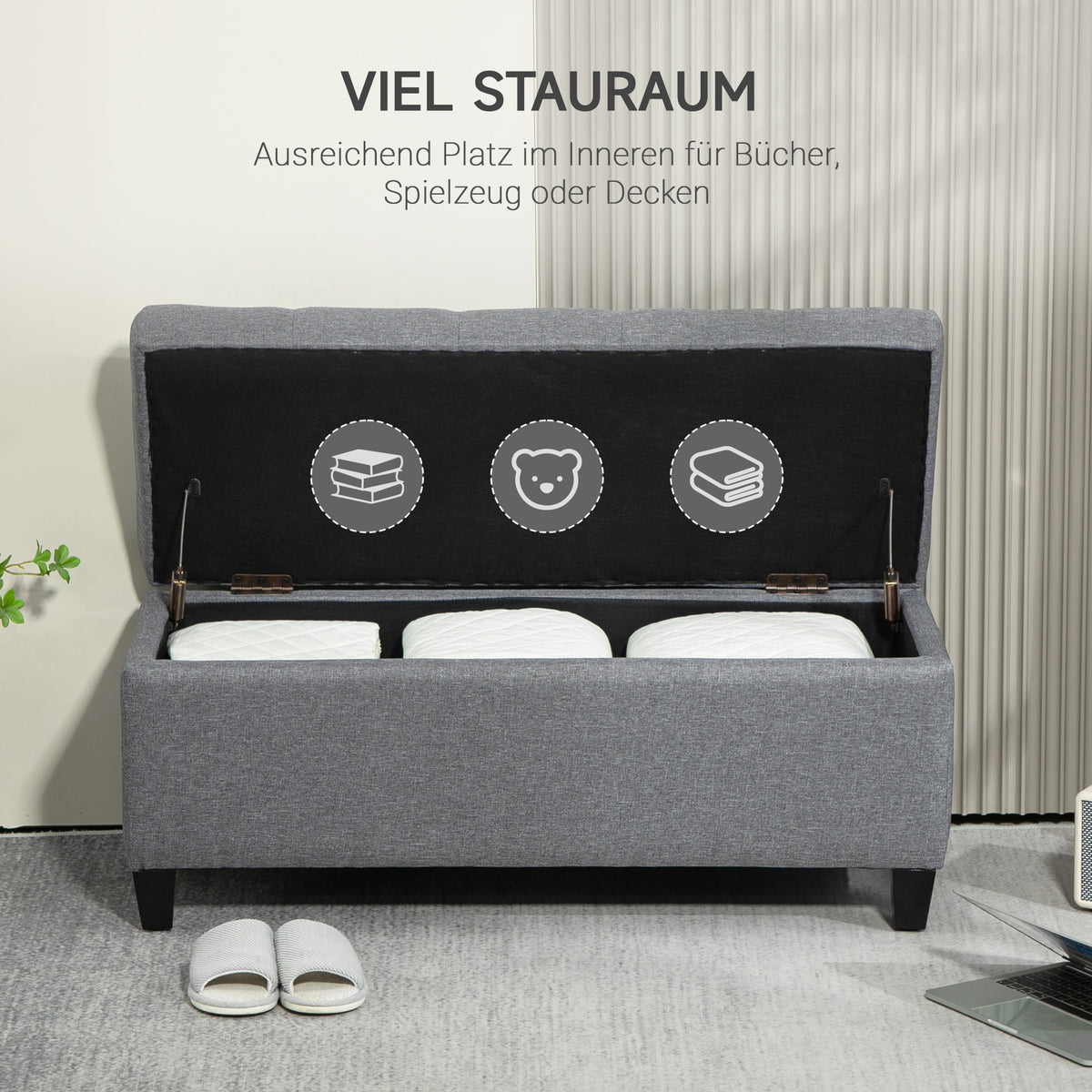 Bench, Upholstered Bench with Storage, Linen-Like Polyester, Rubberwood, 100 X 40 X 44 Cm, Light Grey