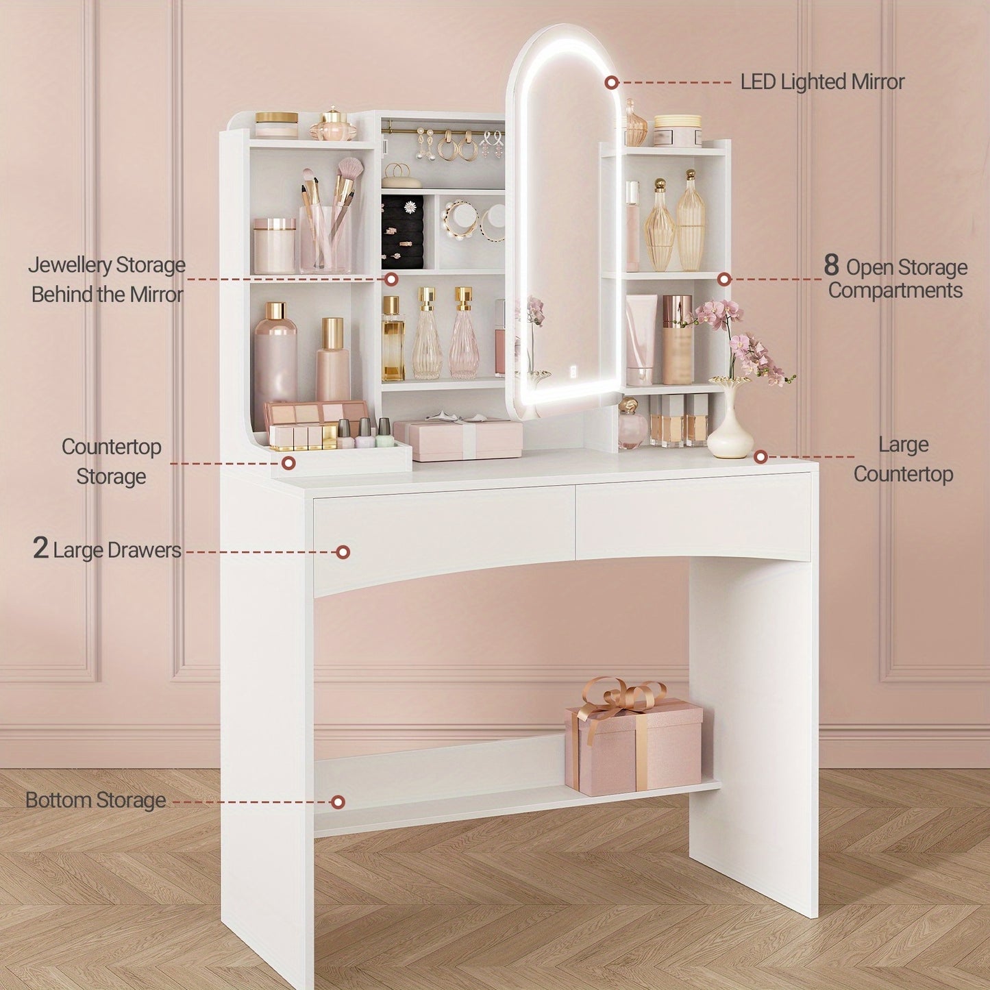 Kaptafel – Make-up tafel – Vanity – Cosmeticatafel – Opmaaktafel – Met LED-verlichting – 90 cm Werkblad – Verborgen Sieradenlade – Wit