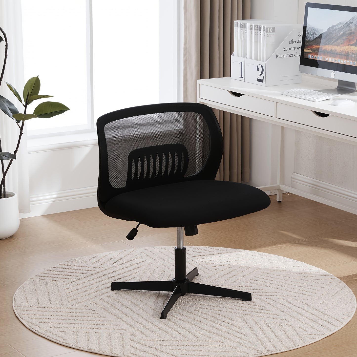 Armless Office Chair with Rocking Function & Height Adjustment - 360° Swivel, Ergonomic Cross-Legged Design, Lightweight Durable Plastic Frame, Manual Recline Handle - Spacious Reading/Living Room Chair for Home Office, 5 Co