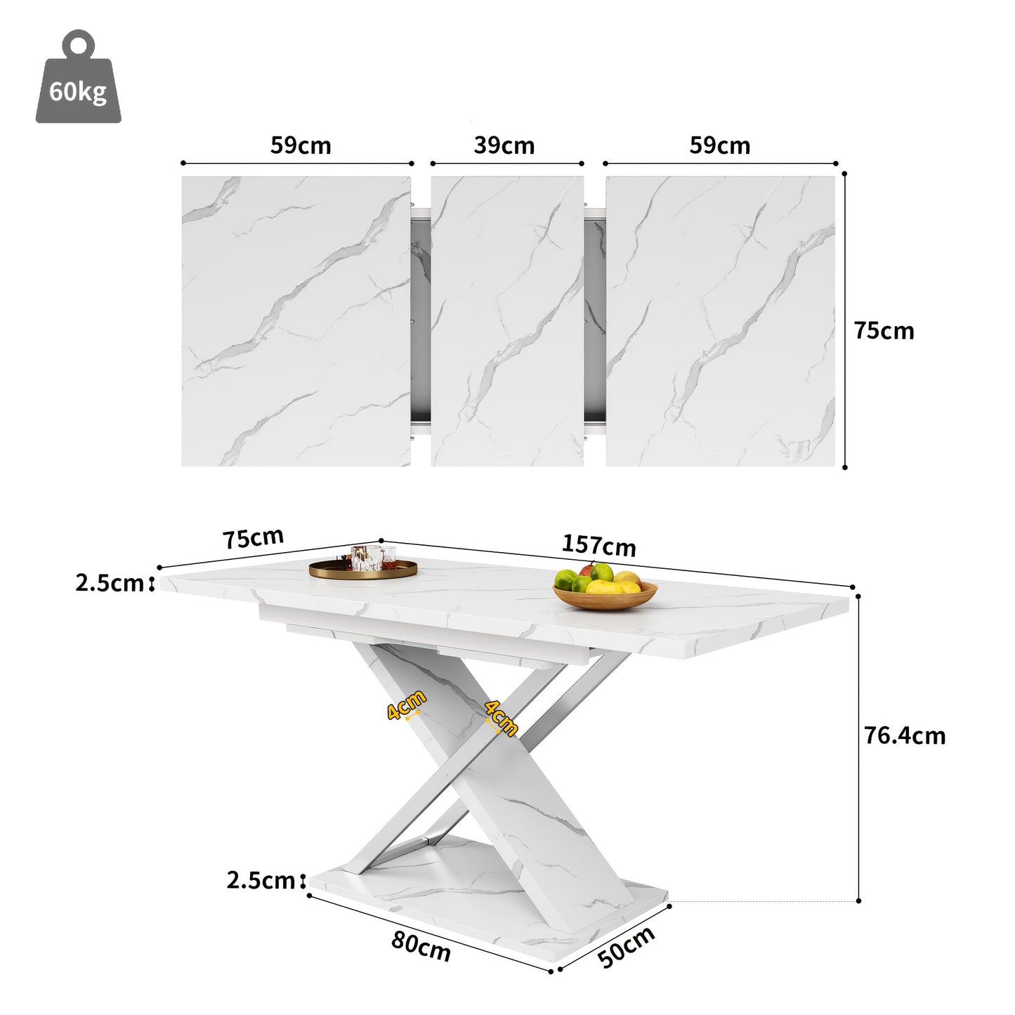 Eettafel – Uitschuifbare Tafel – Keukentafel – Woonkamertafel – Bamboe Tafel – Modern Design – Ruimtebesparend – Wit – Duurzaam & Stabiel