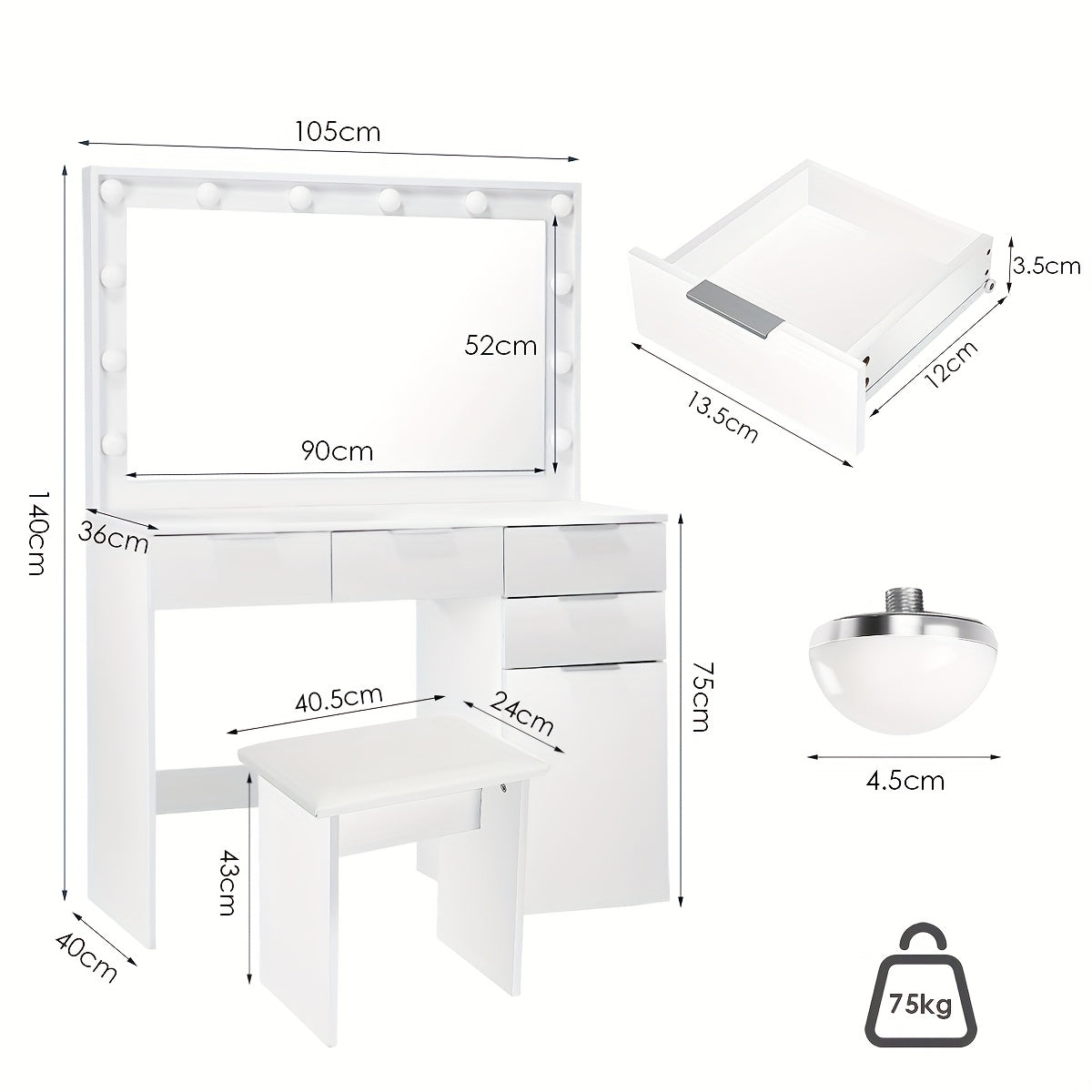 White Vanity Desk with a Mirror And Stool, Featuring Drawers And Modern Design, Equipped with 12 Adjustable LED Lights for Brightness Control.