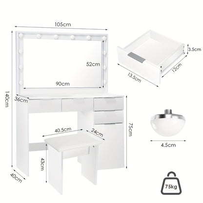 White Vanity Desk with a Mirror And Stool, Featuring Drawers And Modern Design, Equipped with 12 Adjustable LED Lights for Brightness Control.