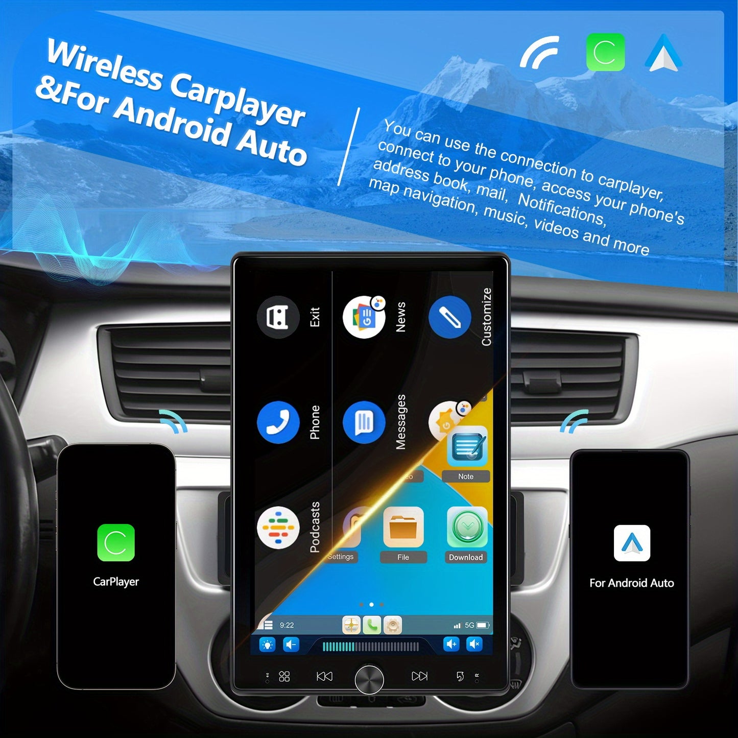 Autoruistation – Car Stereo – Multimedia Systeem – Android Radio – Navigatie Unit – 10,4 Inch Touchscreen – Draadloos CarPlay & Android Auto – Flexibel Rotatiescherm – Stuurbediening – Mirror Link – FM/RDS Radio – Inclusief Microfoon