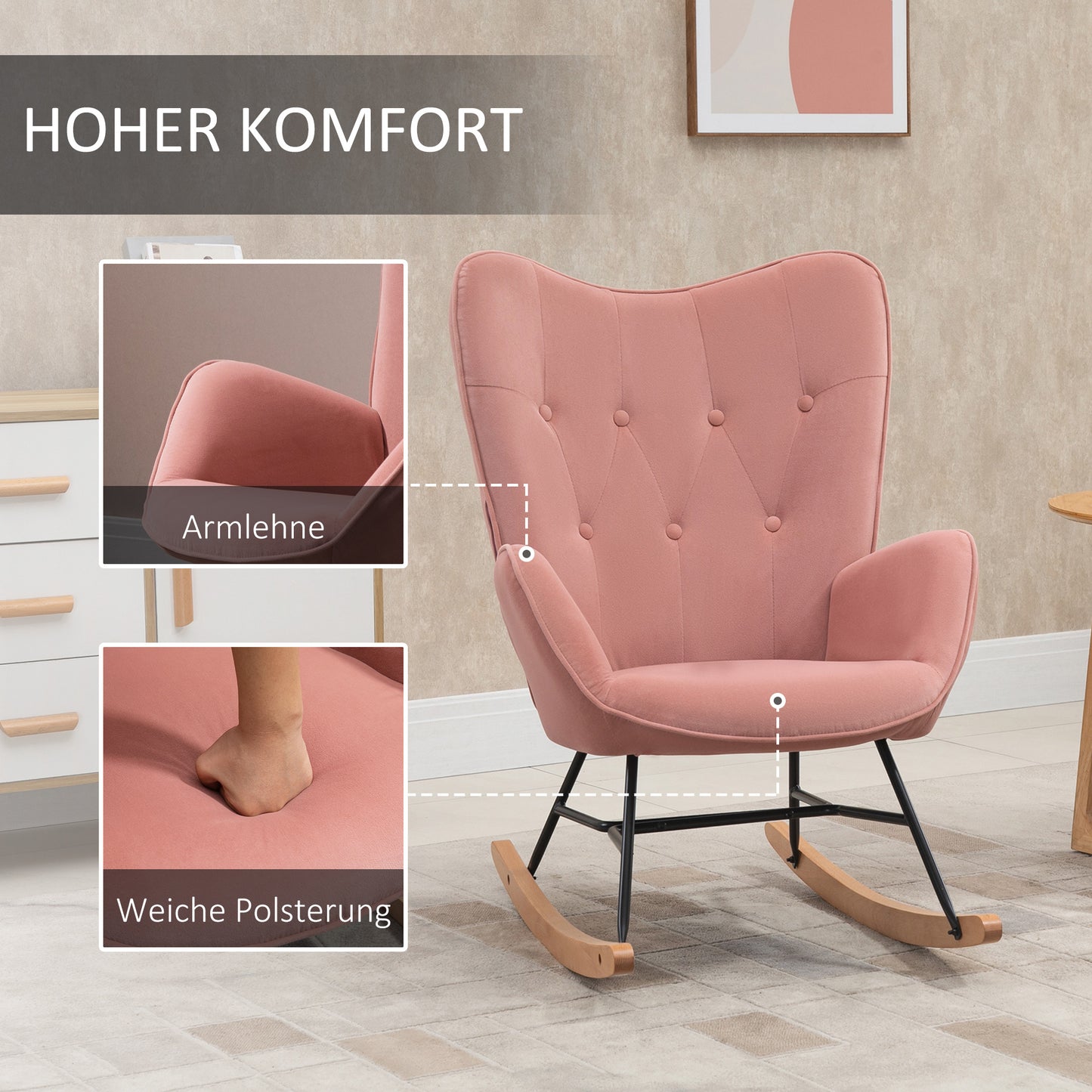 Schommelstoel – Relaxstoel – Wiegstoel – Schommelzetel – Stoel Met Fluweelbekleding – Roze – Houten Frame – Draagvermogen 150 kg