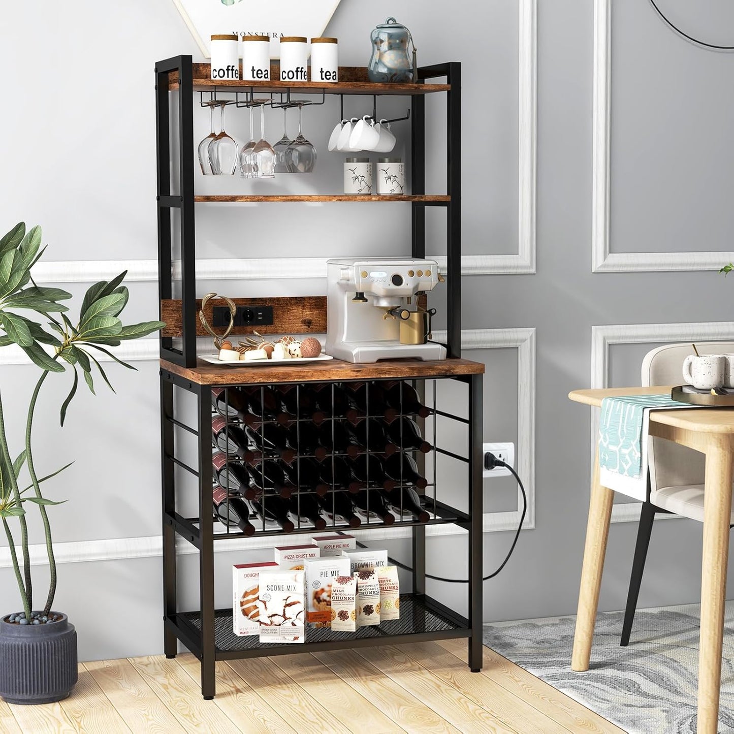 Wijnkast – Wijnrek – Wijnbar – Wijnmeubel – Wijnkast met opbergruimte – Industrieel design – Ingebouwde 2 AC & 2 USB poorten – Voor 24 flessen, 9 glazen en 6 cups – Bruin/Zwart