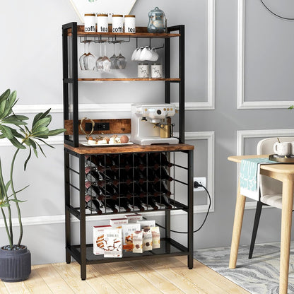Wijnkast – Wijnrek – Wijnbar – Wijnmeubel – Wijnkast met opbergruimte – Industrieel design – Ingebouwde 2 AC & 2 USB poorten – Voor 24 flessen, 9 glazen en 6 cups – Bruin/Zwart