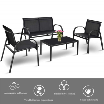 Tuinset 4-delig – Tuinmeubelset – Loungeset – Balkonset – Terrasmeubels – Zwart – Gehard Glas Tafelblad – Comfortabele Mesh Stoelen