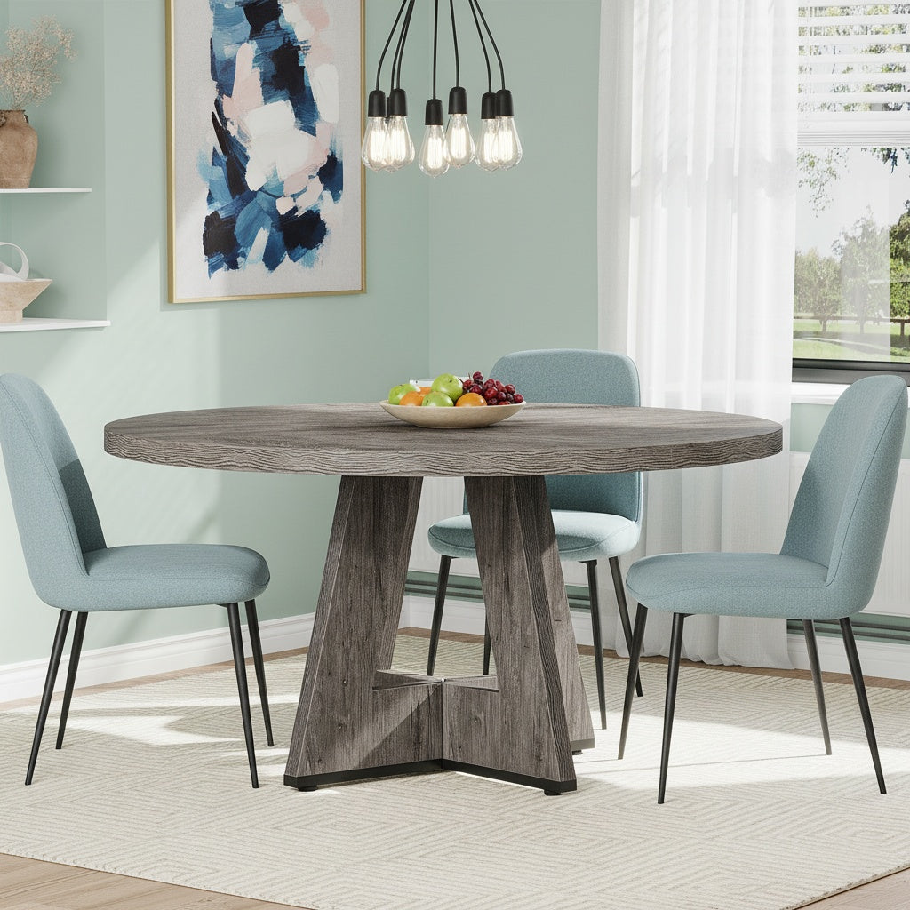 Ronde Bureau – Schrijftafel – Studietafel – Werkplek Meubel – Landelijk Bureau – Diameter 119 cm – Massief Houten Voet – Grijze Afwerking