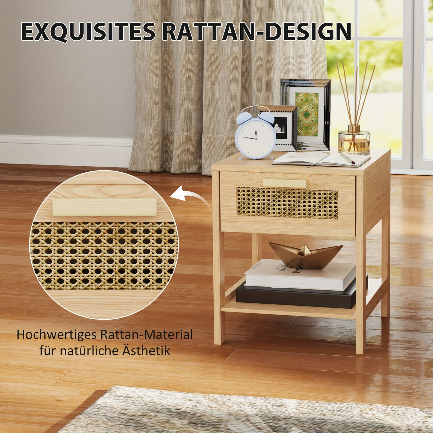 Nachtkastje – Bijzettafel – Bedtafeltje – Nachtkast – Houten Kastje – Houtkleur Met Rattan Design – 40x40x48,4 cm – Met Laden En Open Planken