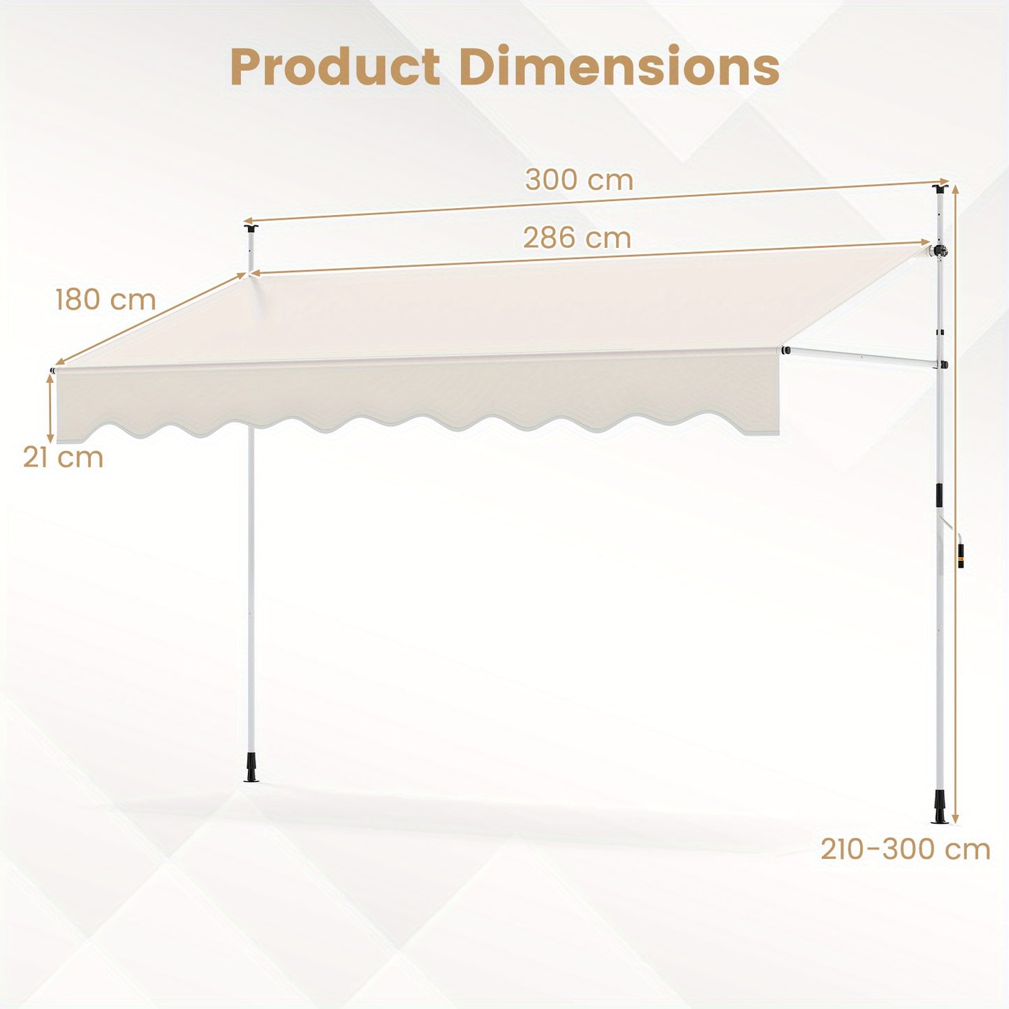 Zonnescherm – Zonwering – Uittrekbaar Scherm – Terasoverkapping – Buitenluifel – Handmatig Bedienbaar – Verstelbare Hoogte 210-300 cm – Breedte 300 cm – Geen Boren Vereist
