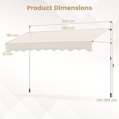 Zonnescherm – Zonwering – Uittrekbaar Scherm – Terasoverkapping – Buitenluifel – Handmatig Bedienbaar – Verstelbare Hoogte 210-300 cm – Breedte 300 cm – Geen Boren Vereist