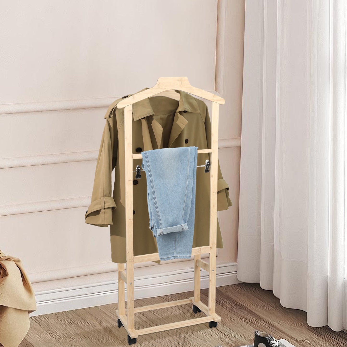Kledingrek – Garderoberek – Kapstok – Dressboy – Opbergrek – Vrijstaand – Met Wielen – Hout – Duurzaam – 107x47x37 cm