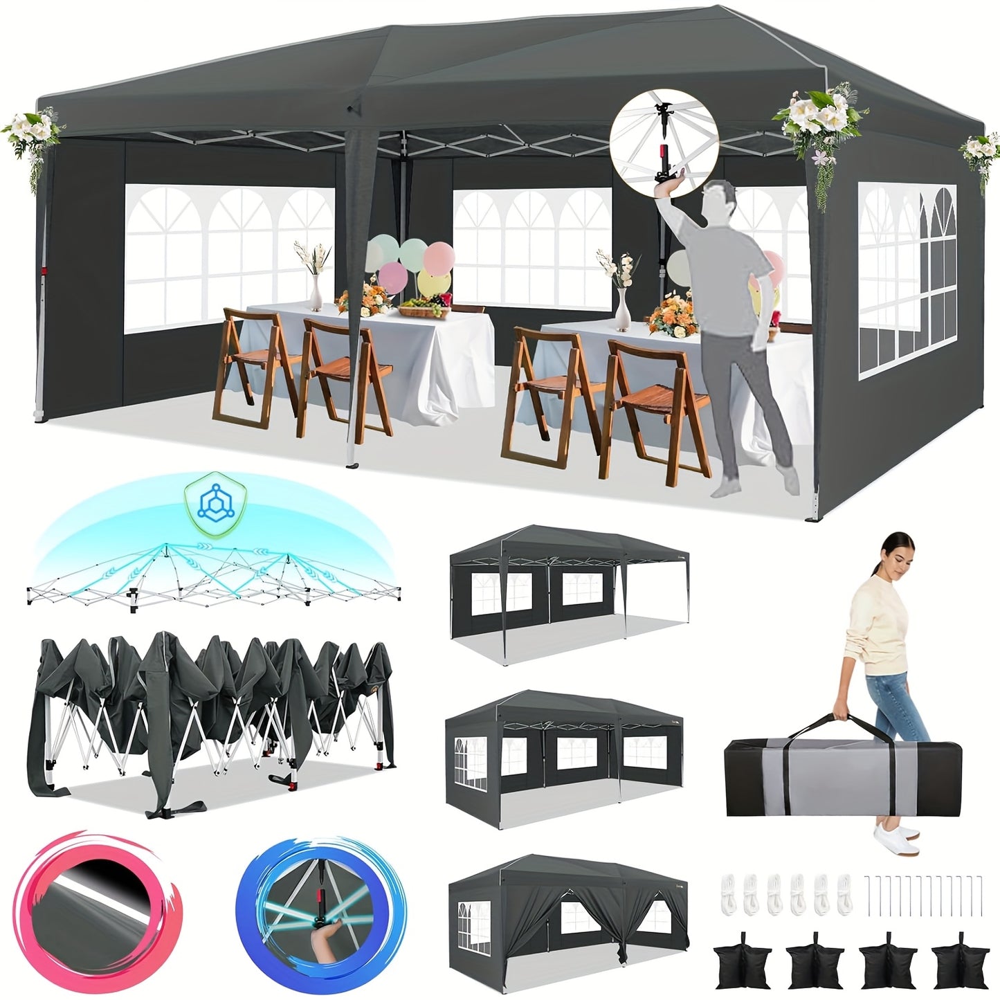 Partytent – Paviljoen – Overkapping – Feesttent – Tuintent – 3x6 m – Pop-Up Met 6 Zijwanden – Aluminium Frame – Oxford Stof